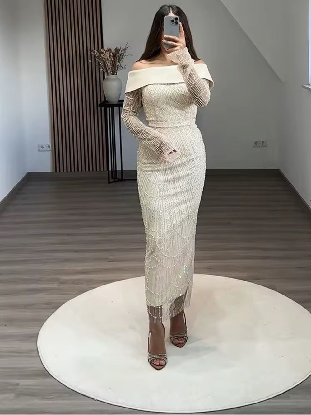 Elegant Off-Shoulder Cream Beaded Evening Dress